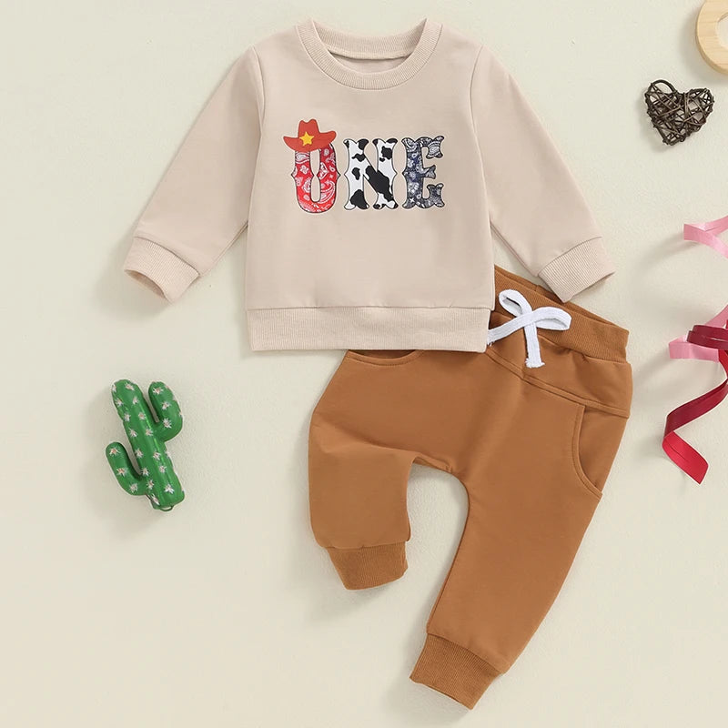 Baby Boys Girls 2Pcs 1st Birthday Outfit Long Sleeve ONE Letter Cowboy Gow Animals Print Top and Solid Color Pants Set