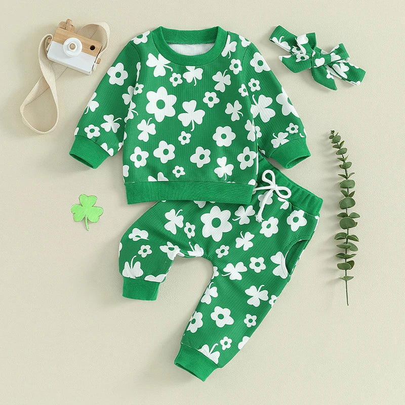 Toddler Baby Girl Boy 3Pcs St. Patrick's Day Outfit Long Sleeve Flower Shamrock Print Crewneck Top Pants with Bow Headband Set