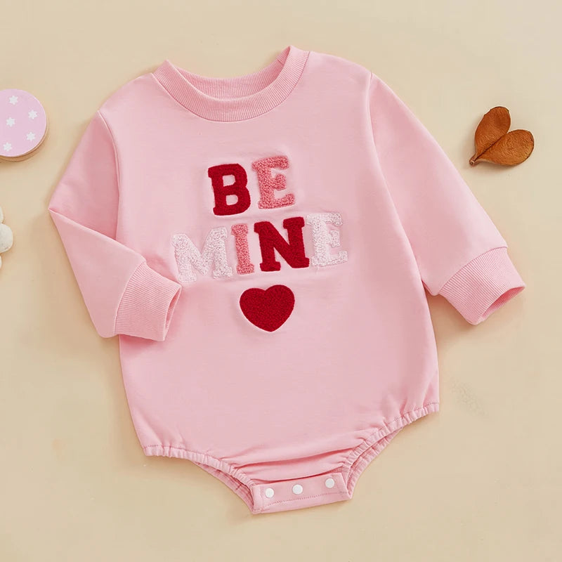 Baby Girls Bubble Romper Valentine's Day Be Mine / Kiss Me / Sweet Heart Letter Embroidered Long Sleeve Jumpsuit Valentines