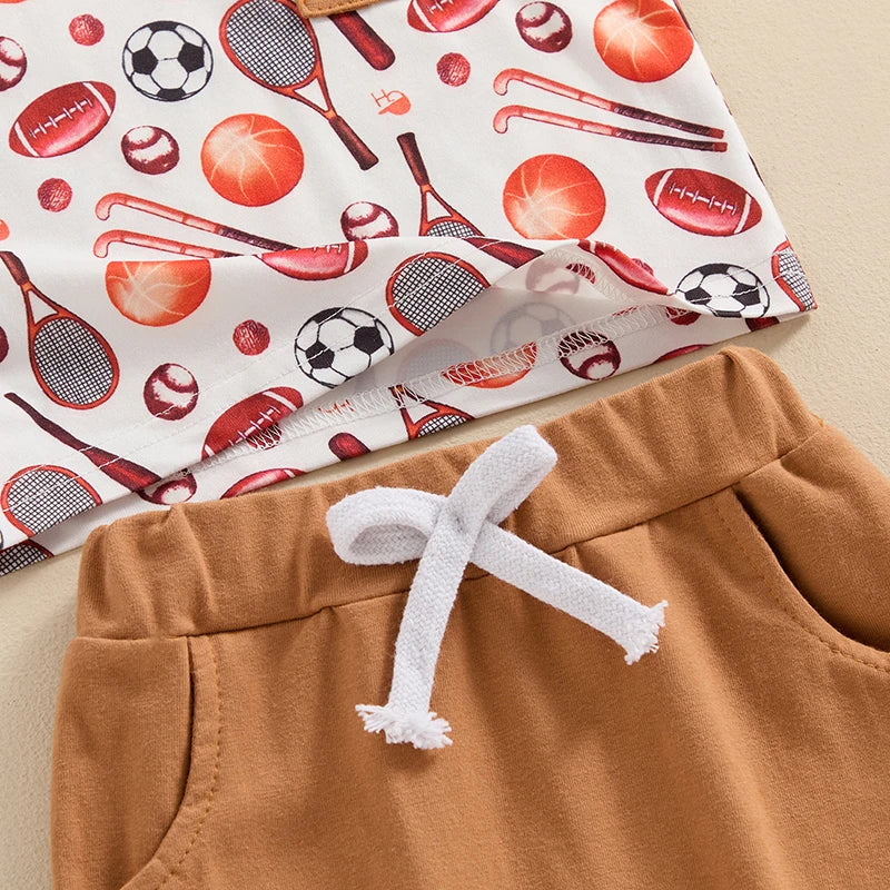 Baby Toddler Boys 2Pcs Outfit Baseball Basketball Soccer Football Sports Print Pocket Short Sleeve Top Elastic Waist Shorts Clothes Set