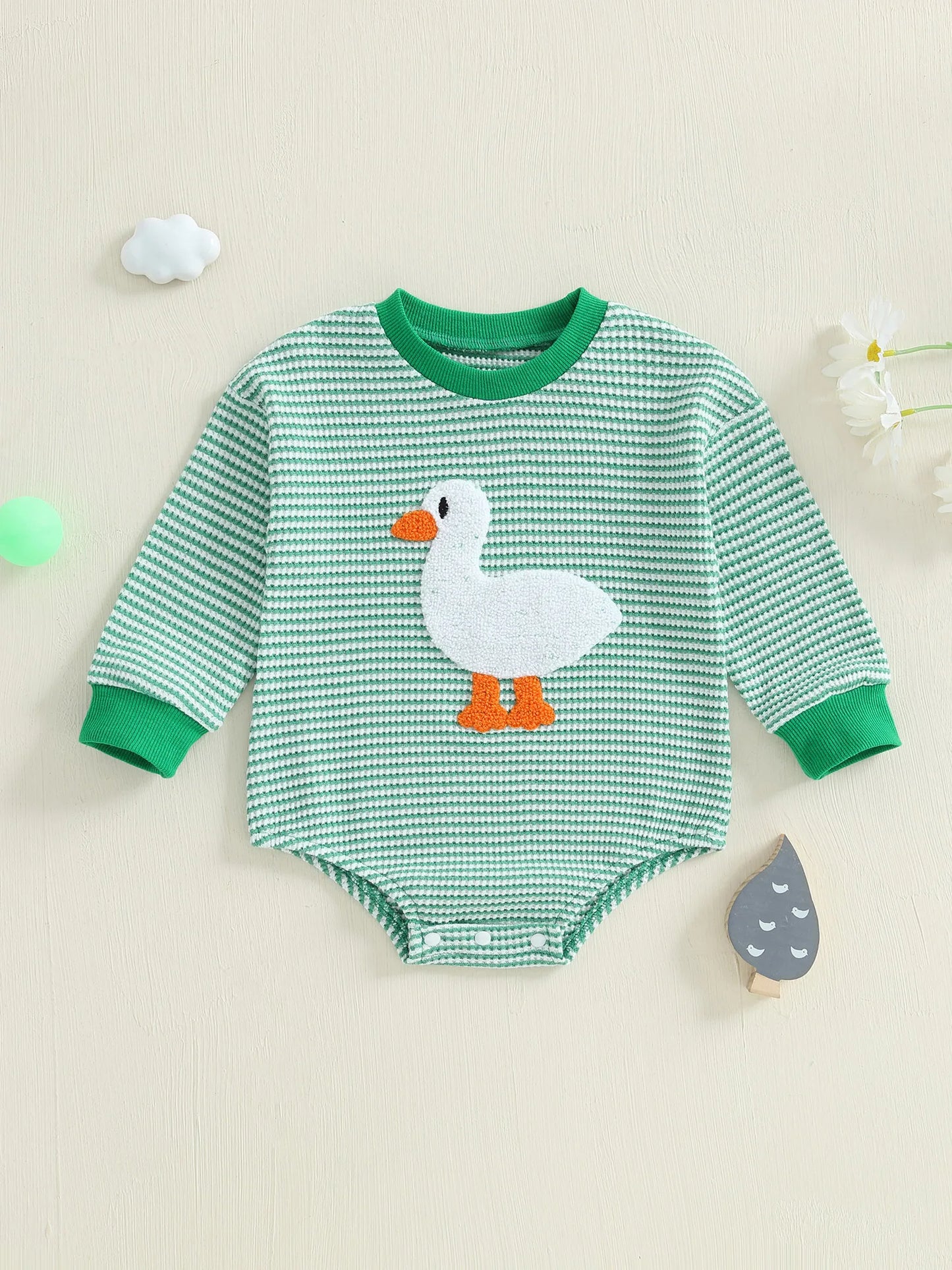 Baby Boy Rompers Long Sleeve Stripes Print Crew Neck Jumpsuit with Cute Goose Embroidery