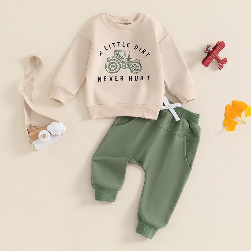 Baby Toddler Boys 2Pcs A Little Dirt Never Hurt Fall Outfit Long Sleeve Tractor Letter Print Top + Pants Set