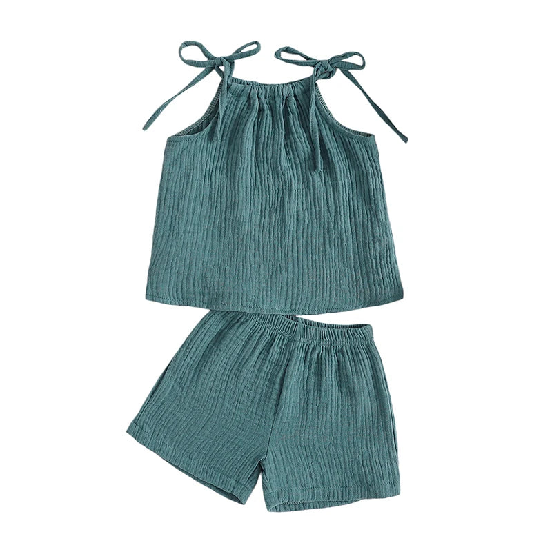 Toddler Baby Girl Summer Outfits Sleeveless Tie Strap Tank Tops + Shorts Set Clothes