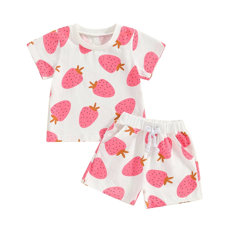 Baby Toddler Girls 2Pcs Outfit Strawberry Print Short Sleeve Top and Elastic Shorts Set Cute Summer Clothes