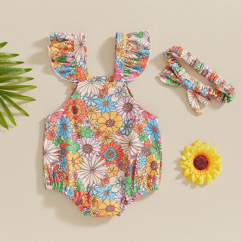 Baby Girl 2Pcs Outfit Fly Sleeve Flower Print Romper with Hairband Summer Clothes Set