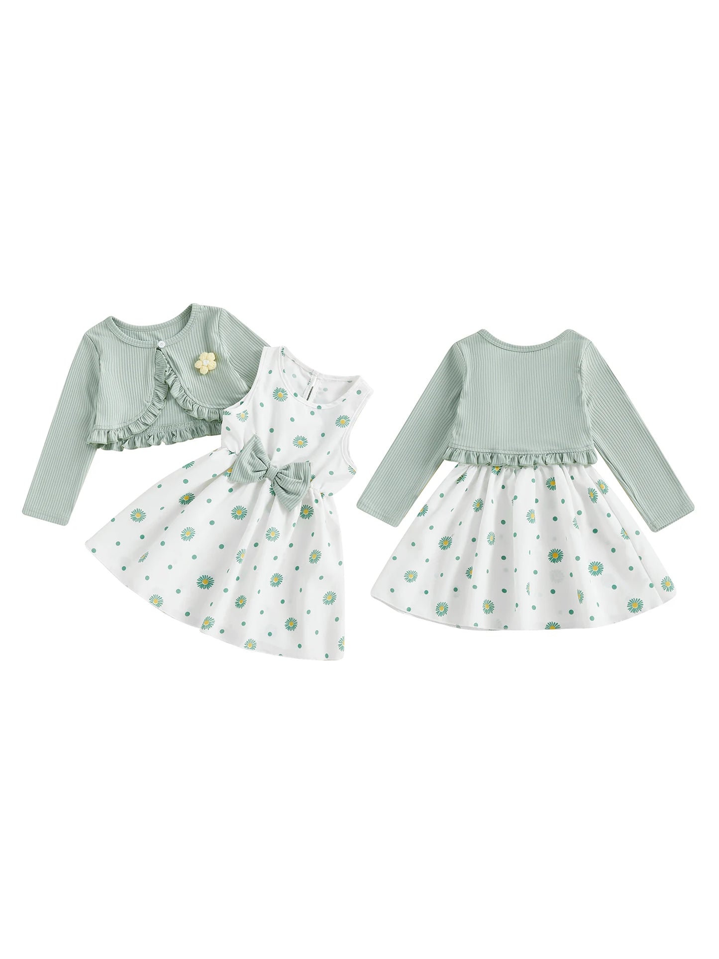 Toddler Kids Girl 2Pcs Spring Outfit Flower Long Sleeve Ruffle Cardigan and Sleeveless A-line Dress 2 Piece Set