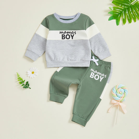 Baby Toddler Boy 2Pcs Fall Outfit Letter Mama's Boy Print Long Sleeve Round Neck Pullover Top Elastic Waist Long Pants Jogger Set
