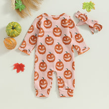 Load image into Gallery viewer, Baby Girl 2 Pcs Halloween Jumpsuit with Headband Pumpkin Print Long Sleeve Front Zipper Romper
