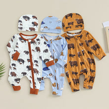 Load image into Gallery viewer, Baby Girl Boy 2Pcs Western Clothes Long Sleeve Cow Print Romper Zipper Jumpsuit Hat Fall Winter Set Outfit
