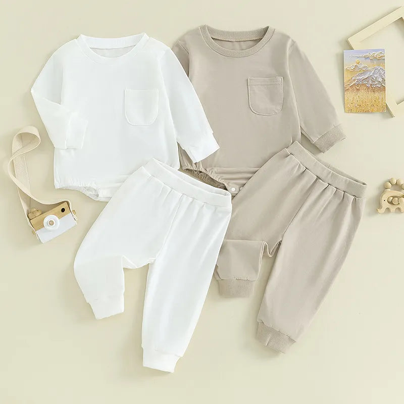 Baby Fall Outfits Girl Boy 2Pcs Solid Color Crewneck Pocket Oversized Long Sleeve Romper Pants Set