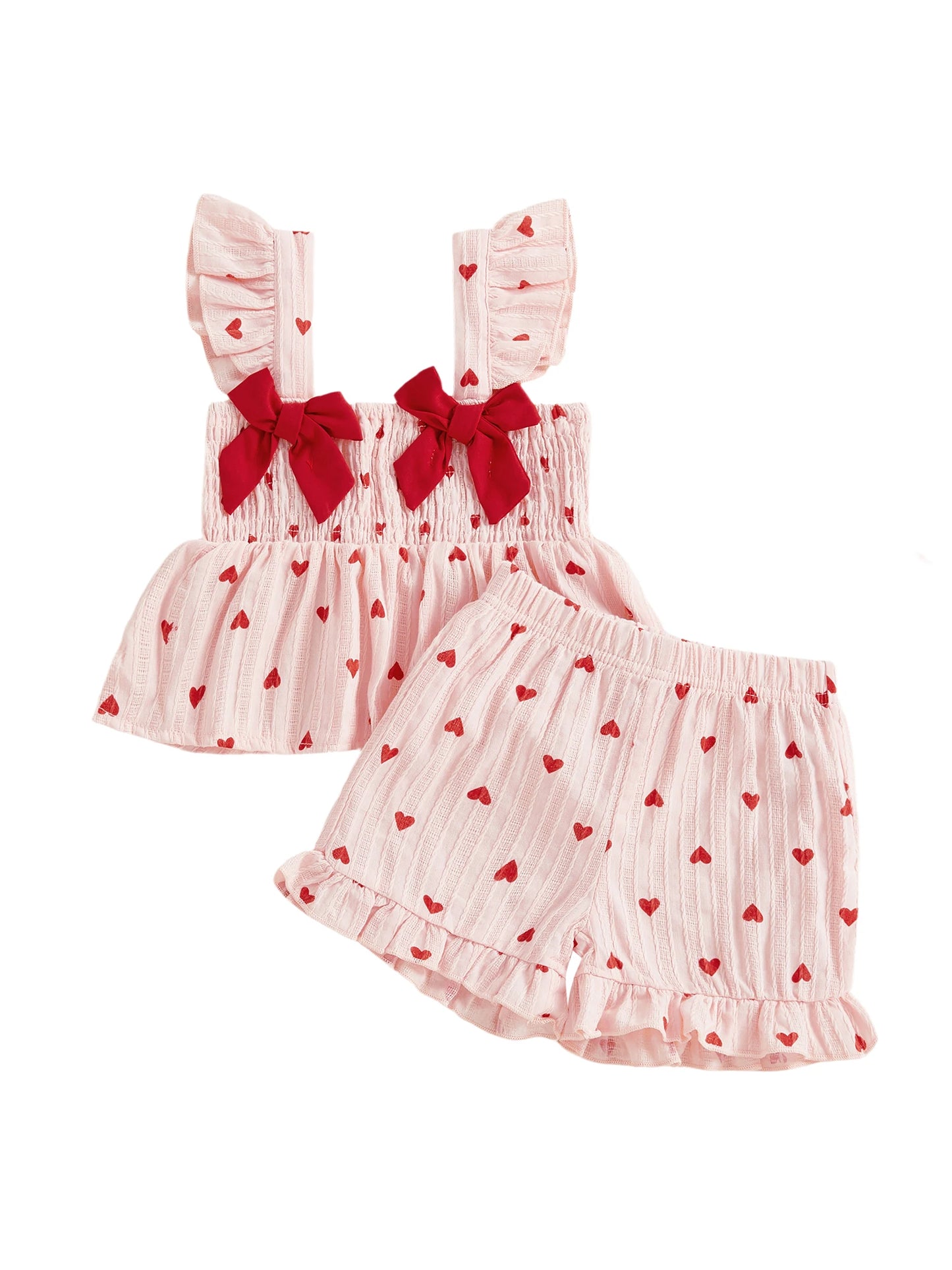 Baby Toddler Girls 2Pcs Valentine's Day Heart Print Ruffle Sleeve Tank Top and Shorts Set for a Sweet Holiday Look