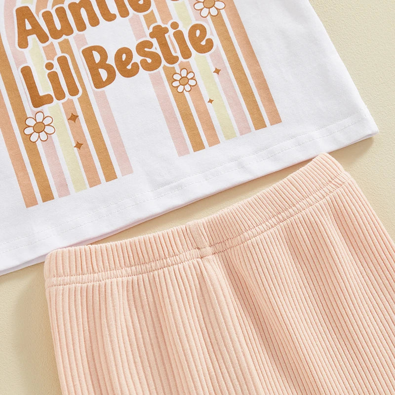 Baby Toddler Kids Girls 3Pcs Auntie's Lil Bestie / Mama's Bestie Summer Clothes Sets Rainbow Letter Short Sleeve T-shirts Ribbed Flare Pants Bow Headband Outfit