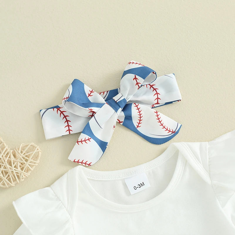 Baby Girl 3Pcs Little Sister Biggest Fan Outfit Letter Print Short Sleeve Romper Baseball Print Ruffles Shorts Skirt Bow Headband Clothes Set