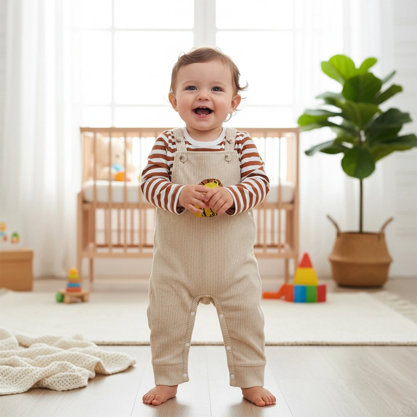 Baby Boys 2Pcs Clothing Sets Fashionable Long Sleeve Striped Topswith Lion Embroidery Overalls 2Pcs Fall Outfits