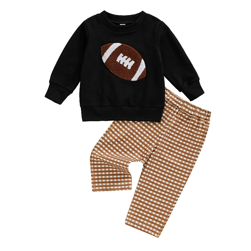 Baby Toddler Boys 2Pcs Fall Set Football Embroidered Long Sleeve Round Neck Top With Plaid Long Pants Outfit