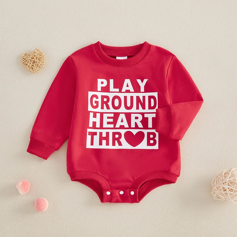 Baby Girls Boys Playground Heart Throwb Valentine's Day Bubble Romper Letter Heart Print Long Sleeve Crew Neck Jumpsuit