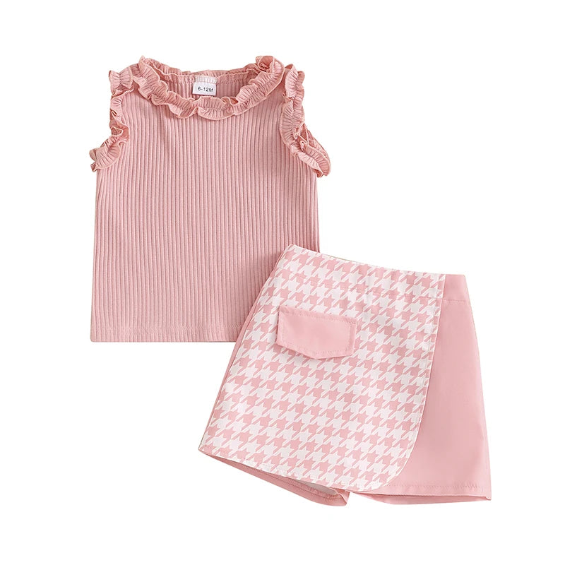 Baby Toddler Kids Girl 2Pcs Summer Outfit Solid Color Ribbed Frills Sleeveless Tank Top and Houndstooth Shorts Skirt Skort Set