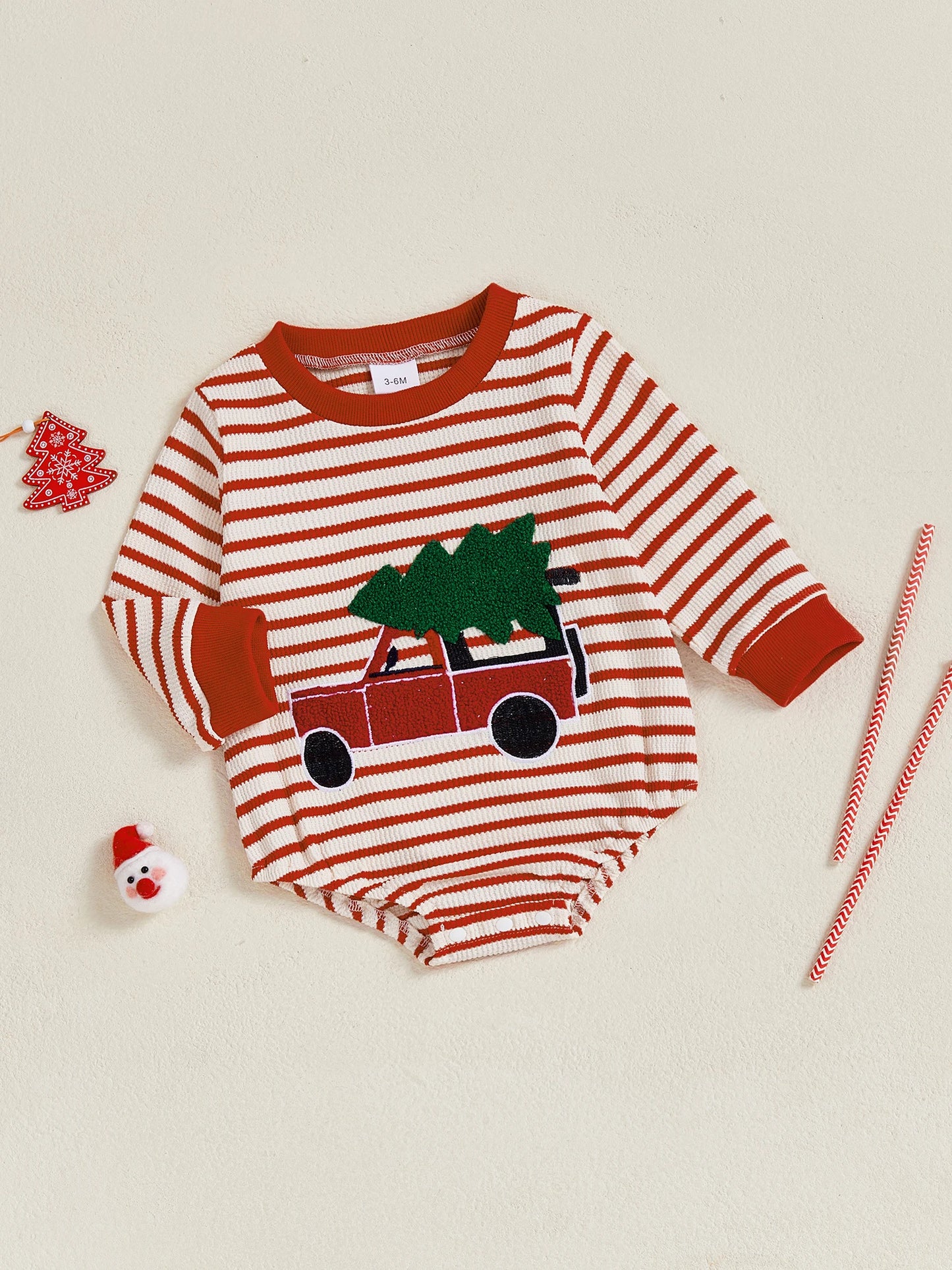 Baby Boy Girl Christmas Striped Jumpsuit Long Sleeve Round Neck Tree Truck Embroidery Romper