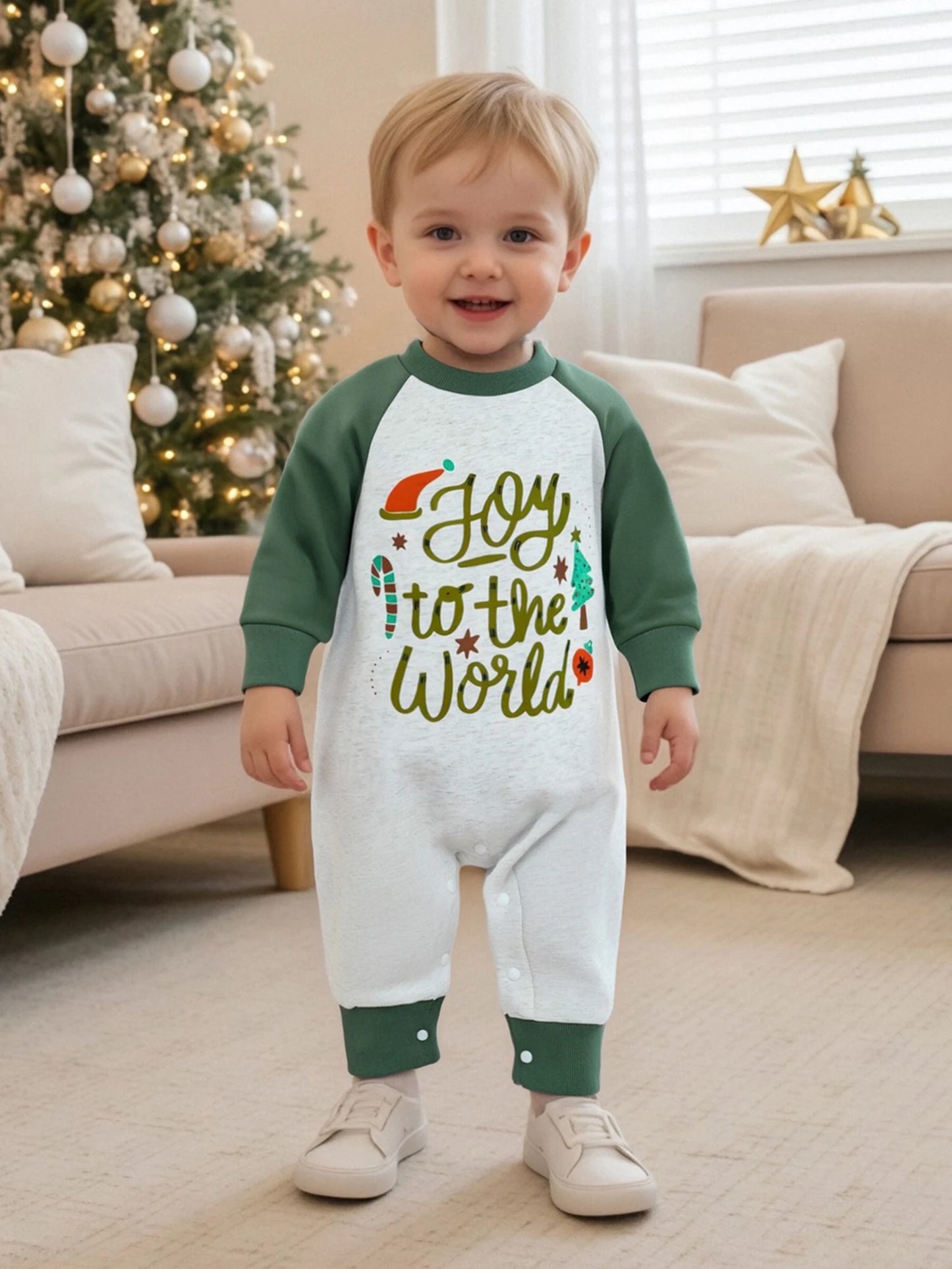 Baby Boys Girls Joy To The World Christmas Romper Letter Tree Long Raglan Sleeve Crewneck Jumpsuit Winter Clothes