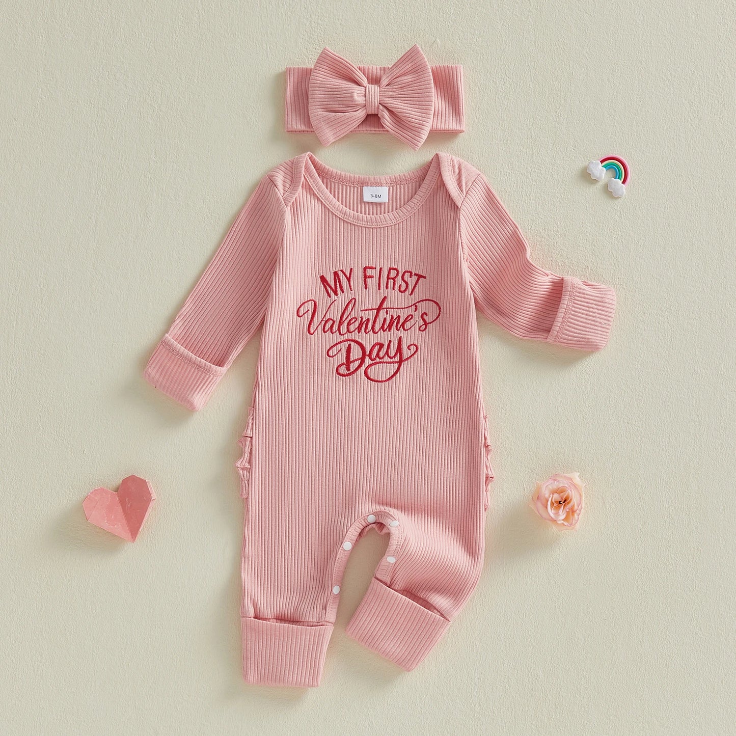 Baby Girls 2Pcs My 1st Valentine's Outfit Letter Embroidered Long Sleeve Romper and Bow Headband Set
