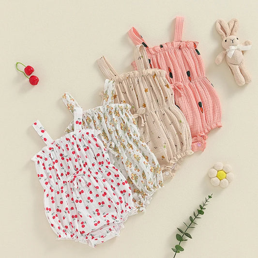 Baby Girl Summer Romper Cute Flower Carrot Cherries Print Sleeveless Tank Top Bow Front Bodysuit