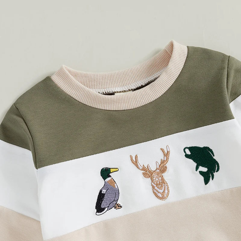 Baby Toddler Boy 2Pcs Christmas Winter Jogger Set Reindeer Whale Deer Duck Embroidery Long Sleeve Crewneck Pocket Long Pants Contrast Outfit