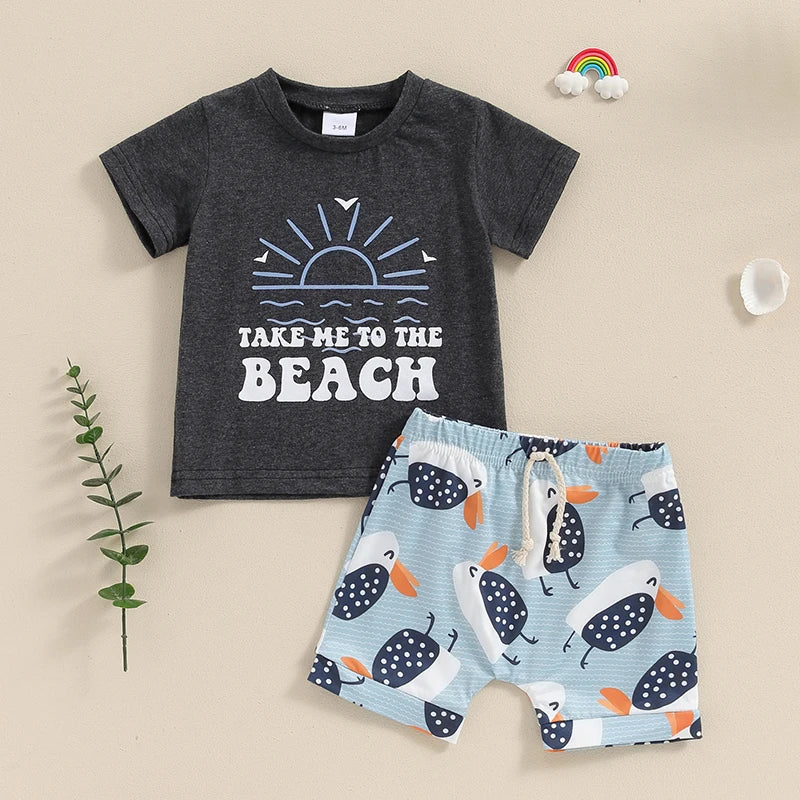 Baby Toddler Boys 2Pcs Finders Keepers / Take Me To The Beach Short Sleeve Letter Print Top and Drawstring Shorts Set