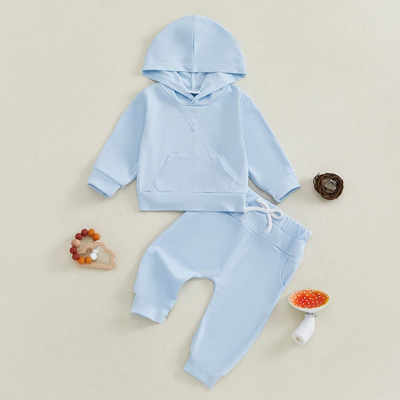 Baby Toddler Boys Girls Fall Outfit Ribbed Long Sleeve Hooded Top and Elastic Waist Pants Jogger Set