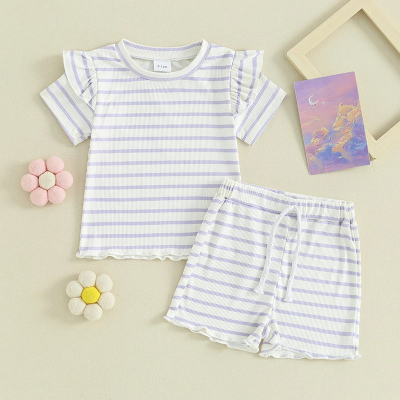 Toddler Baby Girl 2Pcs Summer Stripes Outfit Waffle Frilly Short Sleeve Top Shorts Set