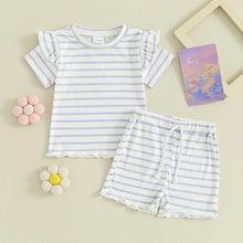 Load image into Gallery viewer, Toddler Baby Girl 2Pcs Summer Stripes Outfit Waffle Frilly Short Sleeve Top Shorts Set
