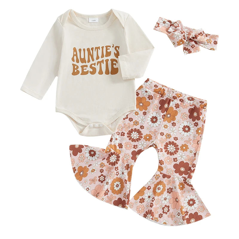 Baby Girls 3Pcs Auntie's Bestie Outfit Letter Print Long Sleeve Romper Flower Print Flare Pants Headband Set