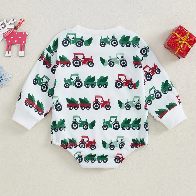 Baby Boy Girl Winter Romper Christmas Tractor Tree Print Long Sleeve Pocket Jumpsuit