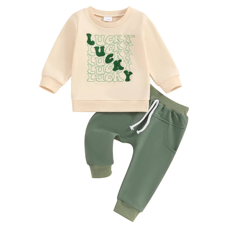 Baby Toddler Boys 2Pcs St. Patrick's Day Outfit Lucky Letter Embroidery Long Sleeve Top and Long Pants Clothes Set