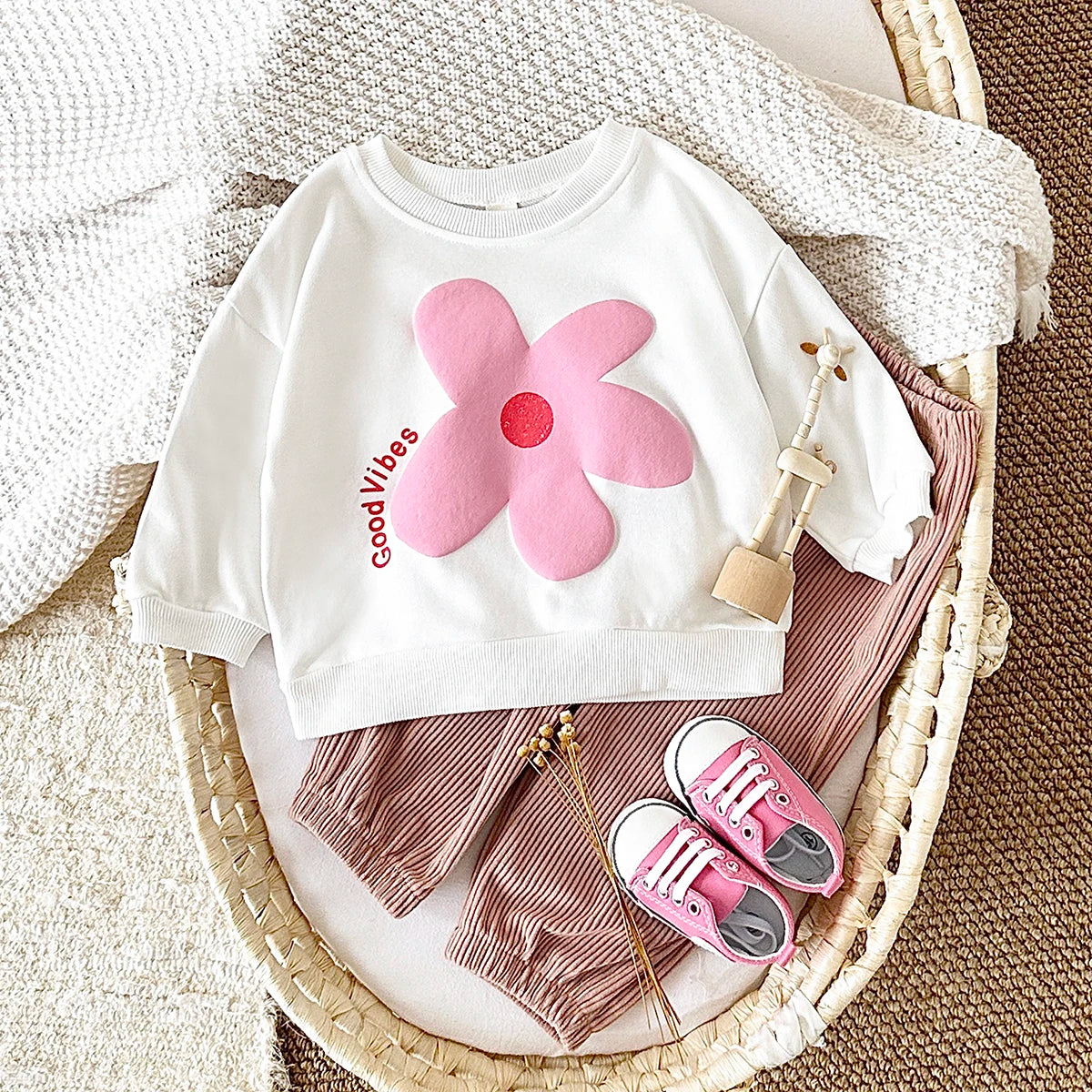 Baby Toddler Girls Boys 2Pcs Set Flowers / Waves / Sun Good Vibes Letters Print Pullover Long Sleeve Crewneck Top + Corduroy Pants Outfit