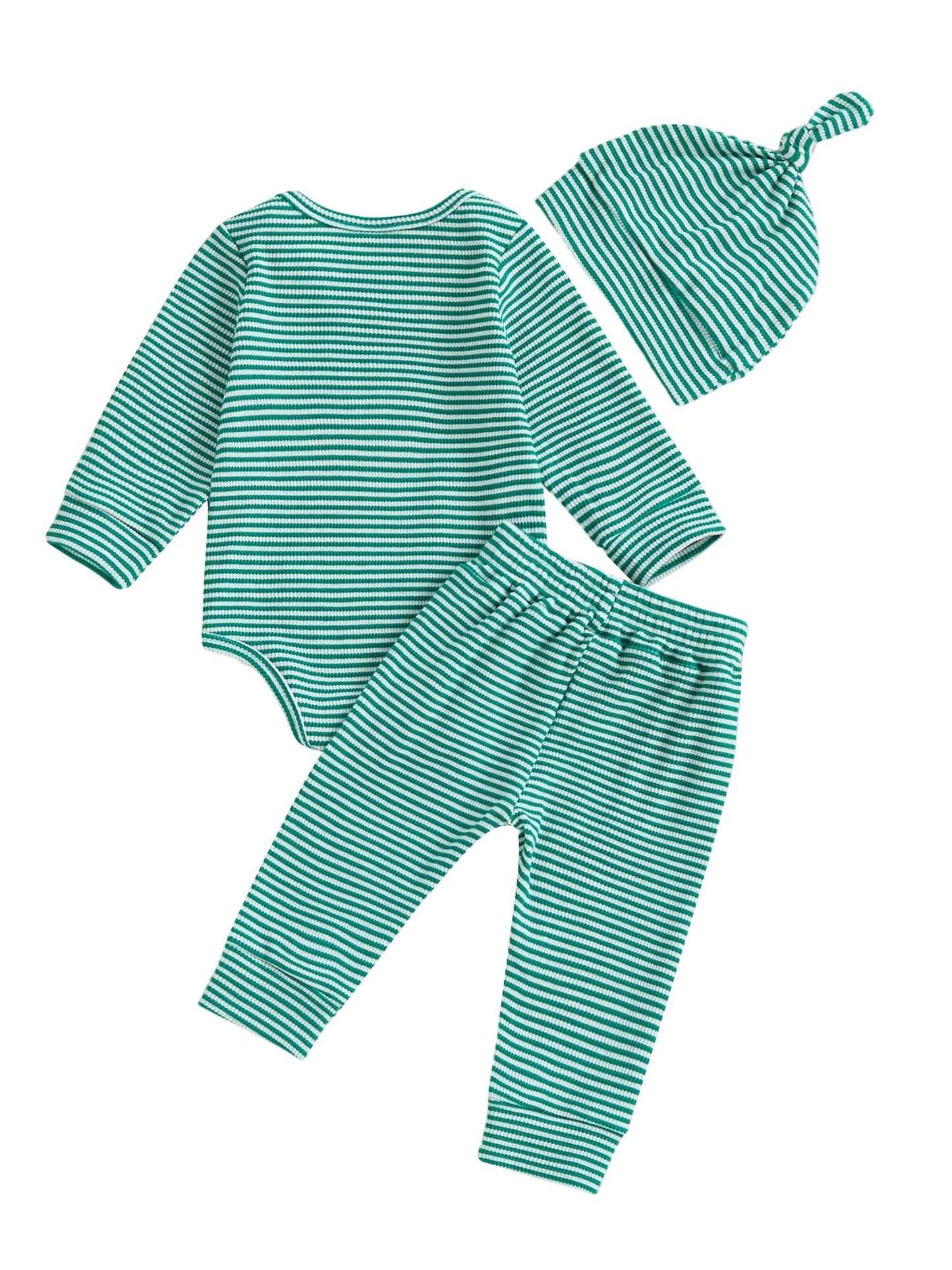 Baby Boys Girls 3Pcs Outfits Striped Crew Neck Long Sleeve Romper with Pants and Cap Beanie Hat Set