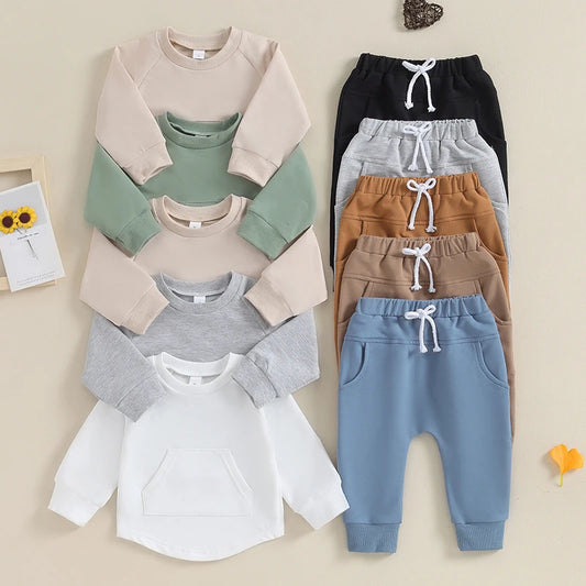 Toddler Baby Boy Girl 2Pcs Long Sleeve Solid Color Top Elastic Pants Set Outfit Tracksuit