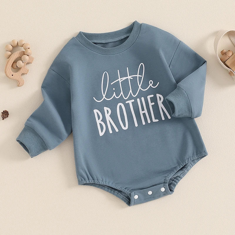 Baby Boys Little Brother Bubble Romper Letter Print Round Neck Long Sleeve Bodysuit Jumpsuit