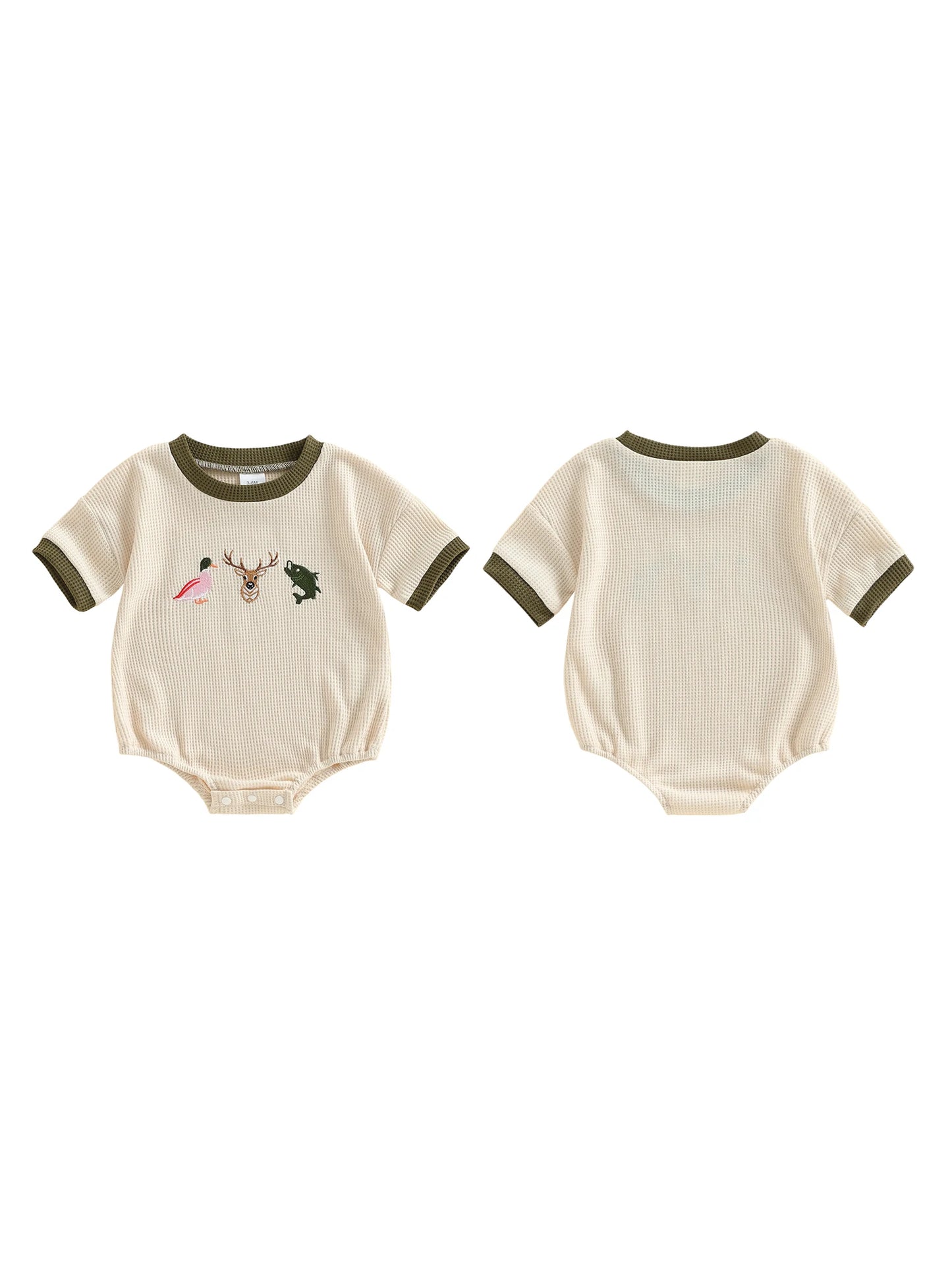 Baby Boys Romper Short Sleeve Crew Neck Embroidery Hunting Animal Summer Bodysuit