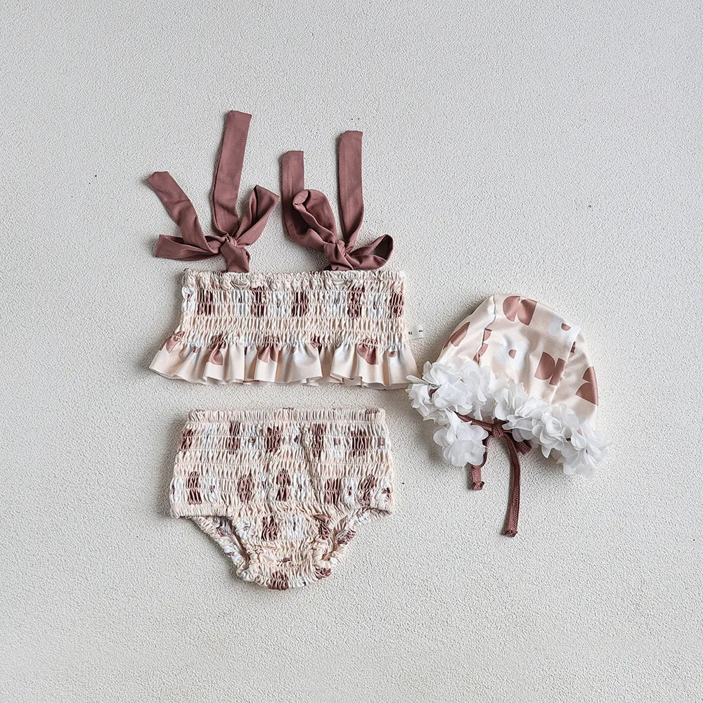 Baby Girls Floral Bandage Swimsuit With Hat Set