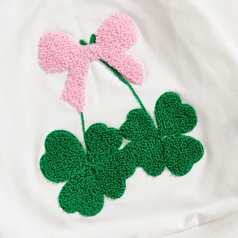 Baby Toddler Girls St. Patrick's Day Irish Bow Four Leaf Clover Embroidery Long Sleeve Pullover Top Casual Spring Clothes