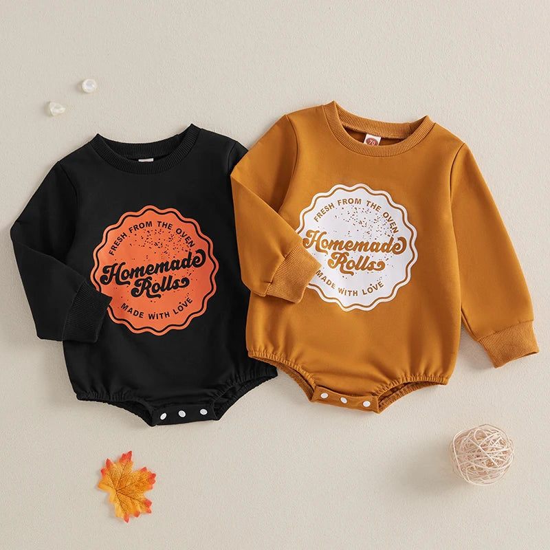 Baby Girls Boys Homemade Rolls Bubble Romper Thanksgiving Letter Print Long Sleeve Fall Bodysuit