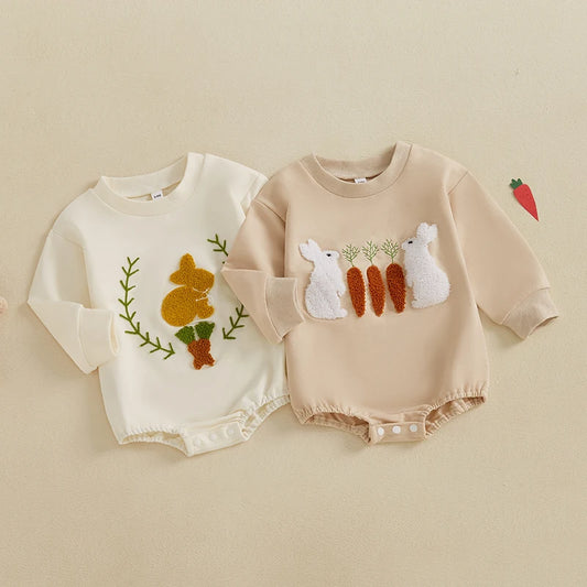 Baby Girls Boys Easter Bubble Romper Bunny Rabit Carrot Embroidery Long Sleeve Jumpsuit