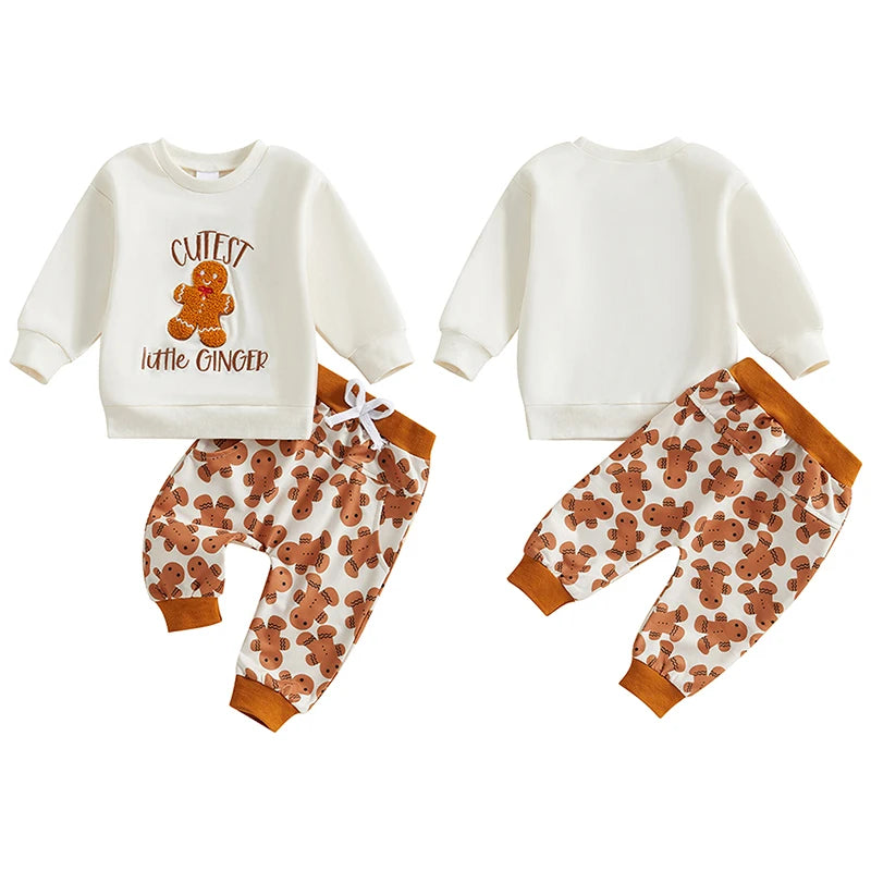 Baby Toddler Boys Girls 2Pcs Christmas Sets Long Sleeve Letter Gingerbread Man Embroidery Top Drawstring Pant Jogger Set