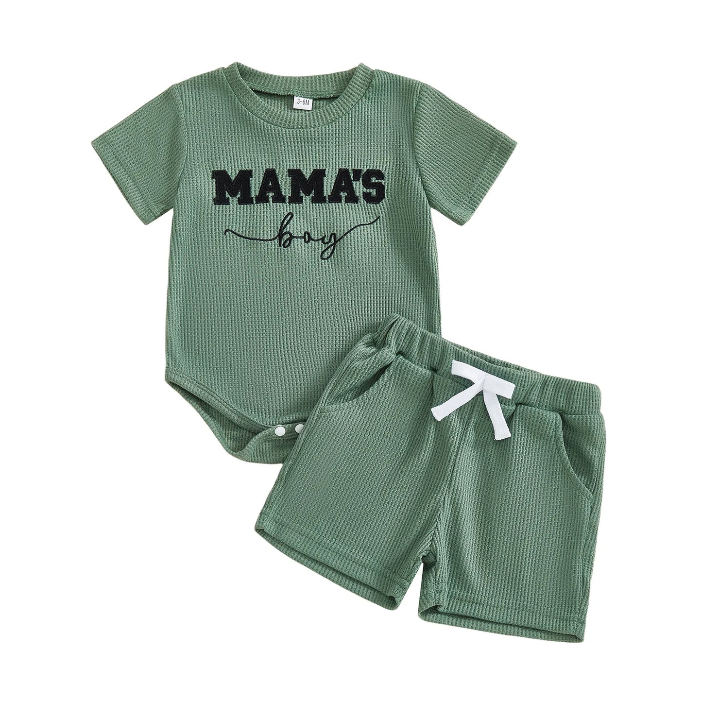 Baby Boys 2Pcs Mama's Boy Shorts Set Letter Embroidered Short Sleeve Romper and Shorts 2 Piece Waffle Knit Summer Outfit