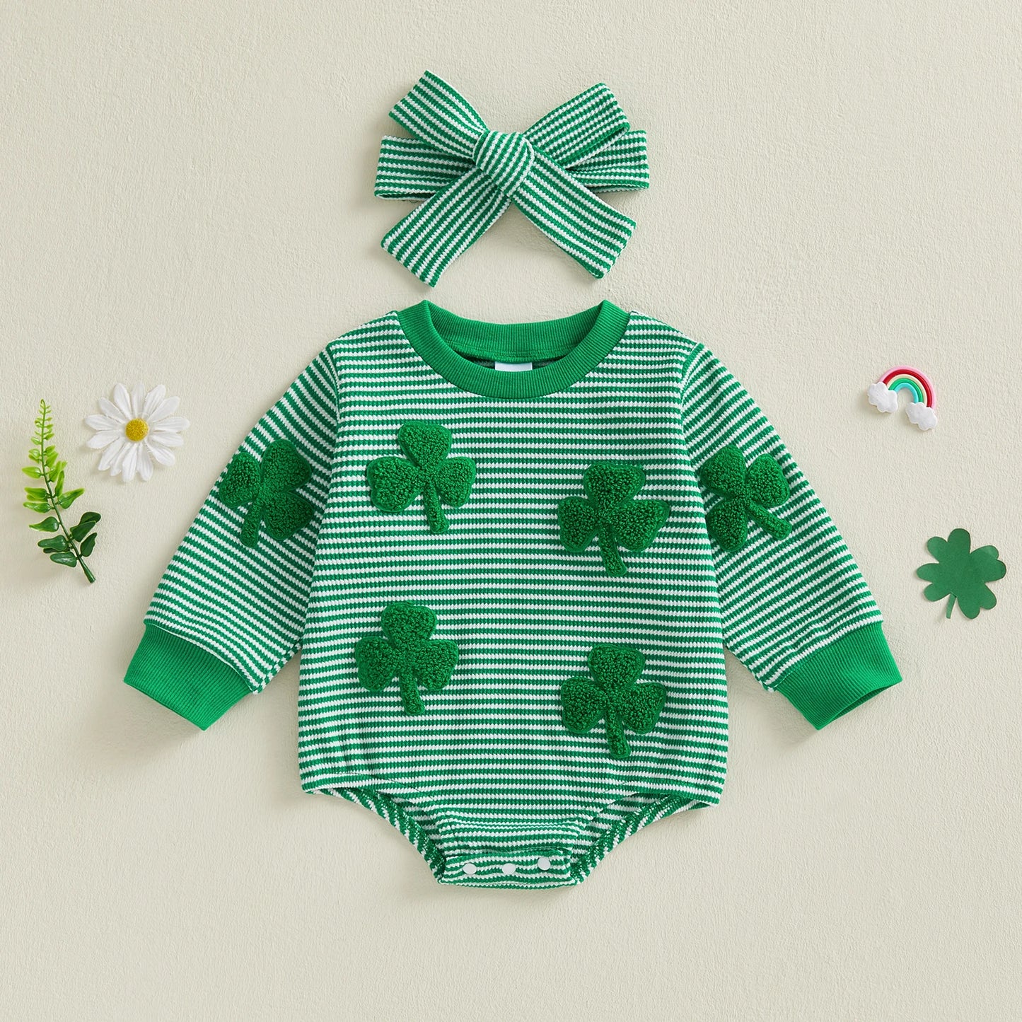 Baby Girl 2Pcs Spring Romper Stripe Shamrock Embroidery Long Sleeve Round Neck Jumpsuit with Headband St. Patrick's Day Set