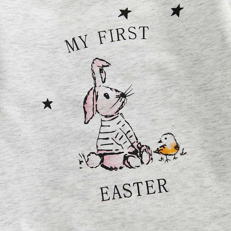 Baby Boys Girls My First 1st Easter Bubble Romper Bunny Rabbit Letter Pattern Long Sleeve Crew Neck Jumpsuit