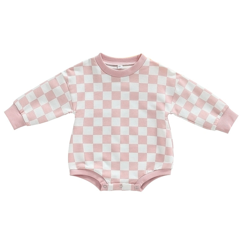 Baby Boy Girl Fall Sweatshirt Bodysuit Checkerboard Print Long Sleeve Jumpsuit Romper