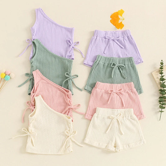 Baby Toddler Girls 2Pcs Summer Outfit Solid Color One Shoulder Strap Drawstring Ribbed Tank Top Shorts Matching Set