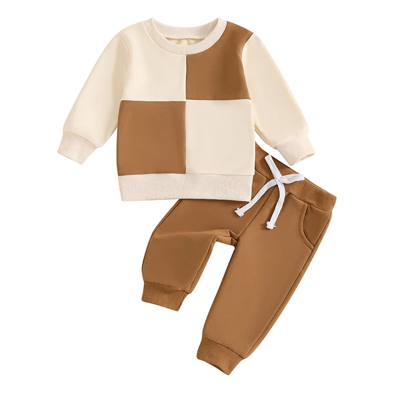 Baby Toddler Boys 2Pcs Fall Outfit Long Sleeve Contrast Color Crewneck Top + Solid Pants Set