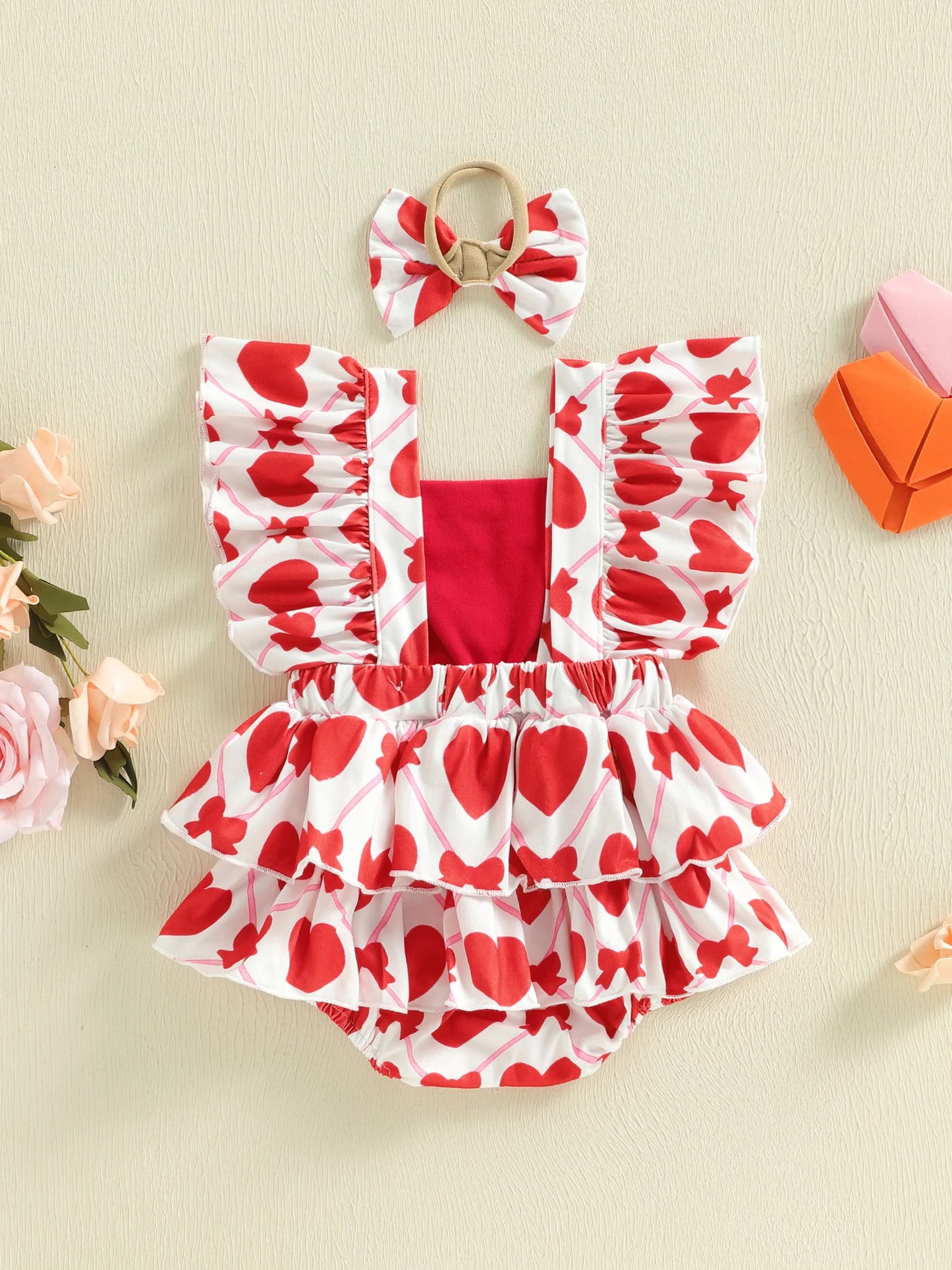 Baby Girls 2Pcs Little Love Valentine's Day Romper Flutter Sleeve Letter Embroidery Heart Print Jumpsuits with Bow Headband Set